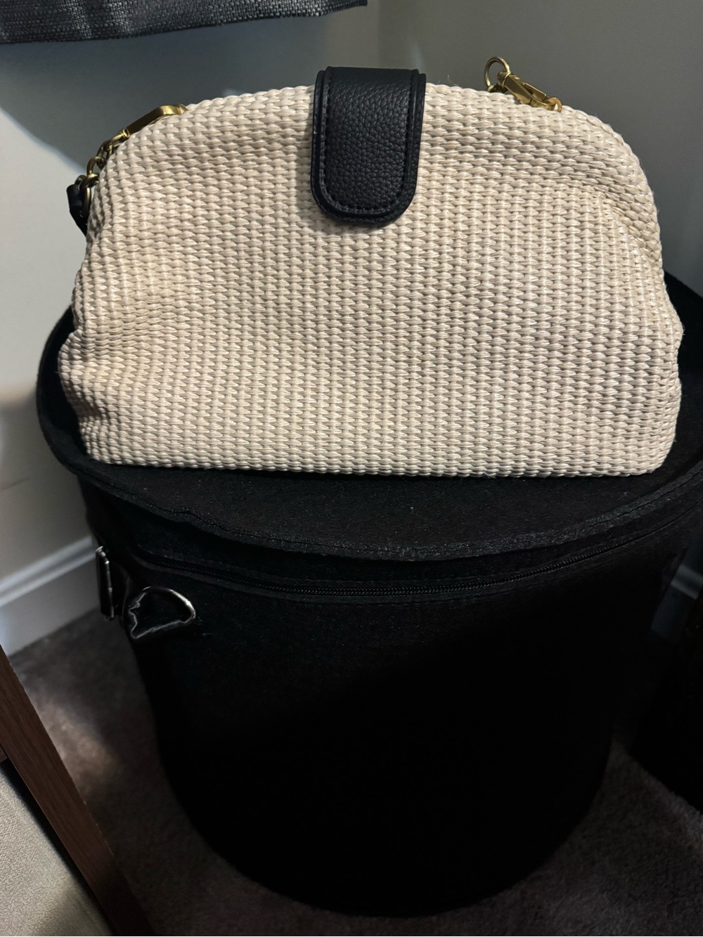 Free Assembly Woven Straw Crossbody Clutch in Cream with Black Trim